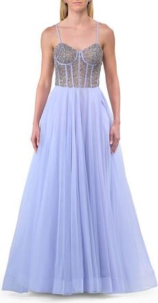 La Femme Rhinestone Embellished Corset with Lace Up Back and Tulle Skirt in Light Periwinkle at Nordstrom, Size 12