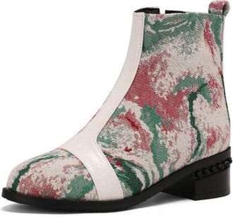 Generic Womens Patterned Ankle Boots Round Toe Low Block Heels Side Zip Durable Leather Upper Comfortable Slip-On Casual Daily Party Fashion Shoes,Red Green C