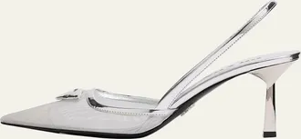 Prada 75mm Modellerie Metallic Leather Mesh Slingback Pumps