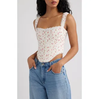 House of CB Adina Floral Lace Trim Stretch Cotton Corset Top in White Rose at Nordstrom, Size X-Large