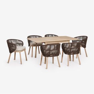 Sklum Set De Mesa 100-160x100 Cm Extensible Karvia Y 6 Sillas De Comedor En Madera De Acacia Y Cuerda Trenzada Capri Sklum