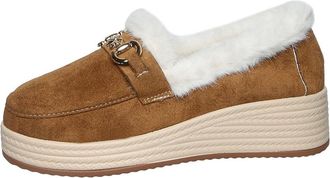 Generic Womens Faux Fur Lined Metal Chain Round Toe Platform Wedge Espardilles Loafers Slip On Comfort Warm Winter Shoes (5.5,Brown)