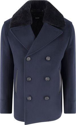 Mackage Navy Cole Double-Breasted Shearling Collar Wool Coat