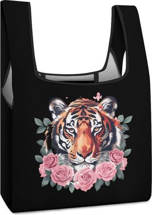 Generic Tiger Flower Animal Print Shopping Bag Reusable Grocery Tote Bag Foldable Handbag for Travel Picnic