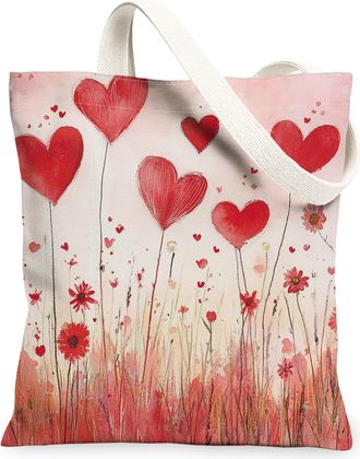 Generic Valentines Heart Floral Canvas Tote Bags, Love Pattern Reusable Grocery Bags, Spring Vintage Lightweight Washable Shoulder Strap Canvas for Travel 13x