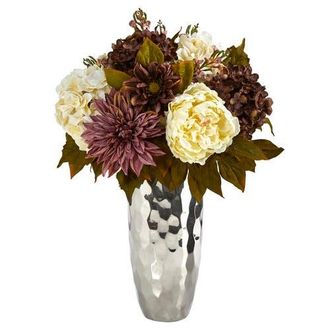 Nearly Natural 22-in Peony, Hydrangea and Dahlia Artificial Arrangement in Silver Vase in Purple at Nordstrom