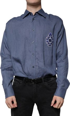 Dolce & Gabbana Blue Logo Long Sleeve Button Down Casual Mens Shirt