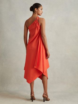 Reiss Womens Orange Lyocell Draped One Shoulder Midi Dress, Size: 4