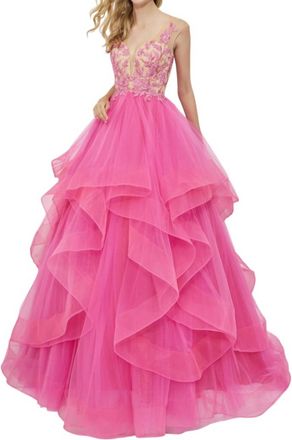 Angela & Alison Plunging V-Neck Prom Dress In Fuchsia