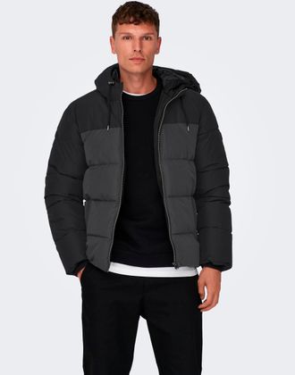 Only & Sons Steppjacke ONLY & SONS ONSMARLON LIFE HOOD PUFFER JACKET OTW VD, Herren, Gr. XXL, grau (grau pinstripe), Web, Obermaterial: 100% Polyester, unifarben,