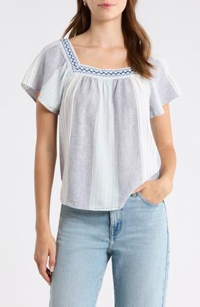 Lucky Brand Stripe Embroidered Square Neck Linen Blend Top in Blue Stripe at Nordstrom, Size Xx-Large