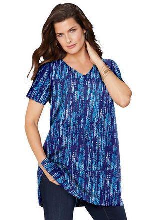Roaman's Plus Size Ultimate Cotton V-Neck Short Sleeve Tunic in Navy Speckle at Nordstrom, Size Medium