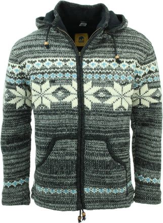 Loud Elephant Chunky Wool Knit Hooded Cardigan Jacket - Grey Brown Fairisle (XX-Large)