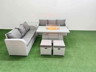 Fimous Outdoor Garden Furniture Sets 8 Seater Wicker Rattan Furniture Sofa Sets w/ Firepit Dining Table high Back Lounge Sofa Stools Side Table Light