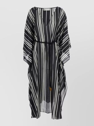 Tory Burch silk kaftan dress striped waist tie neckline