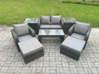 Fimous Wicker PE Rattan Garden Furniture Set Outdoor Lounge Sofa Set with Reclining Chair Coffee Table 2 Side Tables in Dark Grey