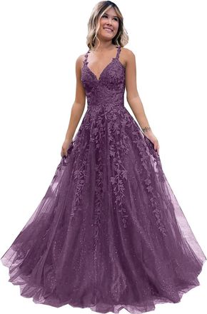 Generic Womens Lace Applique Prom Dresses Long Tulle Bridesmaid Dress A Line V Neck Formal Party Ball Gowns with Slit Wisteria 5XL