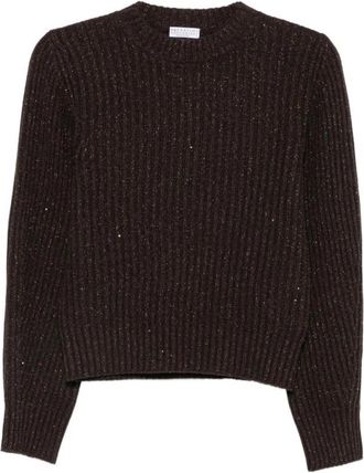 Brunello Cucinelli Gebreide Trui met Glitters - Dames - Ronde hals truien - Bruin - L - Wol - Truien & Vesten