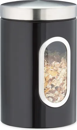 Relaxdays 4 Recipientes Almacenamiento Cocina, Con Tapa Y Ventana, 1,4 L, Contenedores Para Caf&eacute;, Harina, Pasta, Bote Metal, Negro