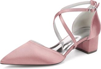Generic Women Satin Chunky Bridal Shoes Low Wedding Heels Cross Strappy Wedding Evening Dress Shoes Pumps 4.5Cm,Flesh Pink,10 UK