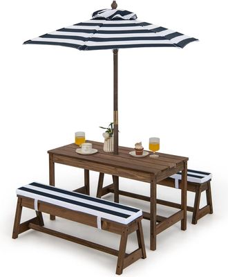 Costway Tavolo Da Picnic Per Bambini Con Parasole Pieghevole, Set Di Tavolo E Panca In Legno Con Cuscini, Per Giardino, Cortile, Patio (blu) - Costway