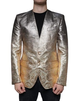 Dolce & Gabbana Mens Gold Jacquard Single Breasted Dress Blazer Polyester Film Fiber Silk