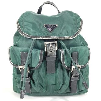 Prada Black Green Leather Nylon Backpack (Pre-Owned)
