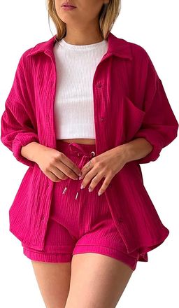 Generic 2 Piece Cotton Linen Set Women, Long Sleeve Blouses Tops and Wide Leg Shorts Co Ord Sets Tracksuit Oversized Loungewear Sets Y2k Aesthetic Clothes Lou