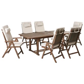 Beliani Conjunto De Comedor Exterior R&uacute;stico 6 Plazas Mesa Extensible Sillas Reclinables Madera Acacia Oscura Con Cojines Beige Claro Amantea Premium