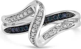 House of Brilliance Sterling Silver 1/10 Cttw Blue and White Diamond Crossover Ring