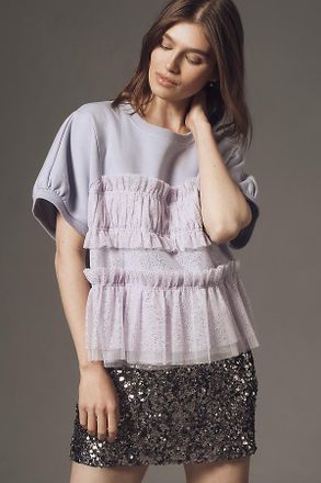Maeve Short-Sleeve Smocked Ruffled Sweatshirt
