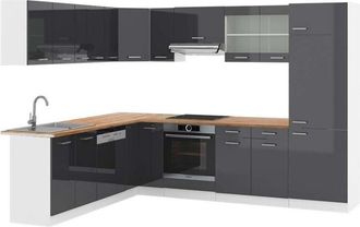 Vicco Cucina angolare completa R-Line, Antracite lucido/bianco, 227 x 287 cm, PL Rovere, Vicco