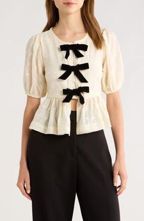 All in Favor Tie Front Puff Sleeve Peplum Top in Cream Black at Nordstrom Rack, Size Medium
