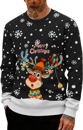 Generic Christmas Jumpers for Men UK Funny Ugly Reindeer Print 3D Graphic Tops Oversized Novelty Xmas Sweatshirt Crew Neck Long Sleeve Pullover Sweater Mens H