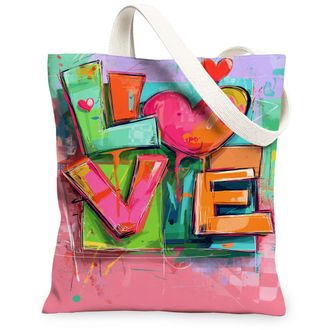 Generic Colorful Love Canvas Tote Bags, Heart Pattern Reusable Grocery Bags, Spring Modern Chic Lightweight Washable Canvas for Tra, Colorful, 13x15 Inch