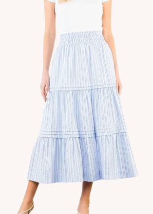 THML Clothing Smocked Waist Tiered Long Skirt In Light Blue Stripe