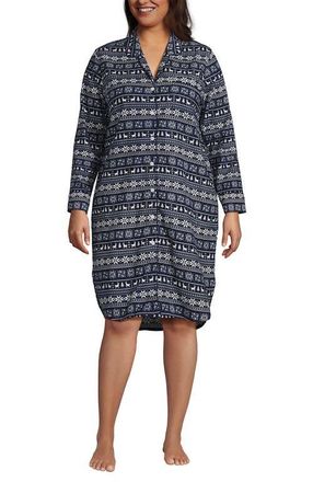 Lands End Plus Size Flannel Long Sleeve Sleepshirt Nightgown in Deep Sea Deer Fairisle at Nordstrom, Size 2X