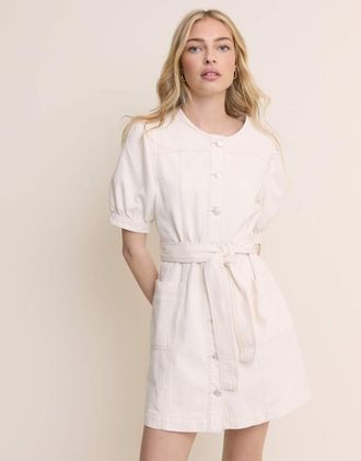 Nobody's Child Hallie - Vestito corto in denim di cotone bianco con maniche a sbuffo allacciato in vita