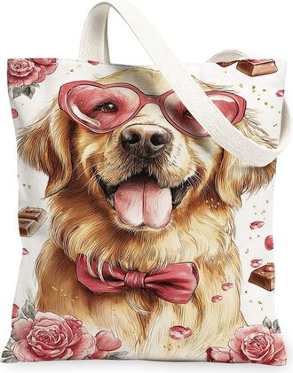 Generic Dog Floral Canvas Tote Bags, Cute Animal Design Reusable Grocery Bags, Spring Bohemian Lightweight Washable Shoulder Strap, White, 13x15 Inch