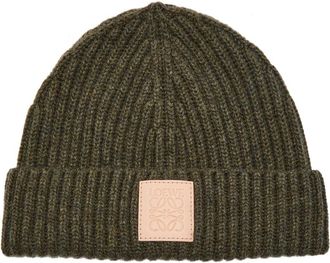 Loewe Logo-appliqu&eacute;d Ribbed Cashmere Beanie - Khaki - One Size