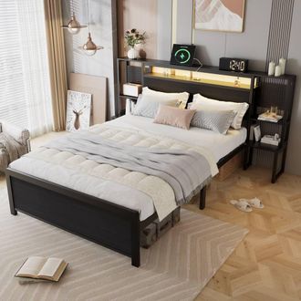 Merax 4ft6 Double Black Metal Bed with Bedside Tables, LED & Charging Ports