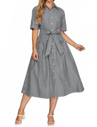 She + Sky Short Sleeve Button Down Striped Midi Dress In Grey Stripe