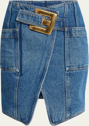 Balmain Belted Wrap Denim Mini Skirt