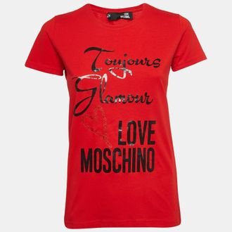 Love Moschino Red Printed Cotton Knit Crew Neck T-Shirt