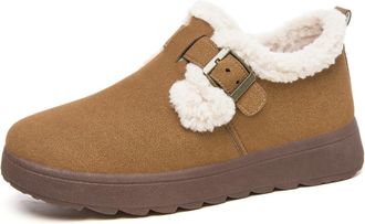Generic Womens Faux Suede Winter Ankle Boots, Fur Lined, Buckle Closure, Casual Flat Platform, Warm Indoor Outdoor Slip-on (Camel, Standard, Adult, Women, 6.5