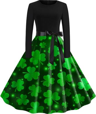 Generic St Patricks Day Irish Fancy Dress Sleeveless A-Line Dress Retro Vintage Green Swing Dress Shamrocks Clover Pattern Costume Irish Dancing Dress for Fes