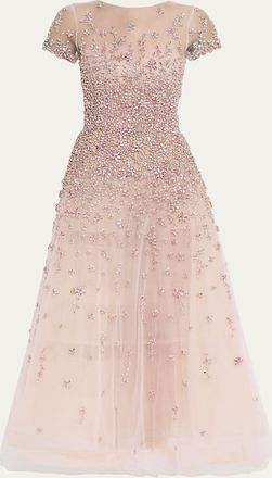 Oscar De La Renta Degrade Crystal Cap-Sleeve Midi Cocktail Dress