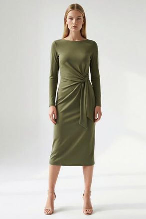 Exquise Gascon Crew Neck Long Sleeve Knit Midi Dress in Khaki at Nordstrom, Size X-Small