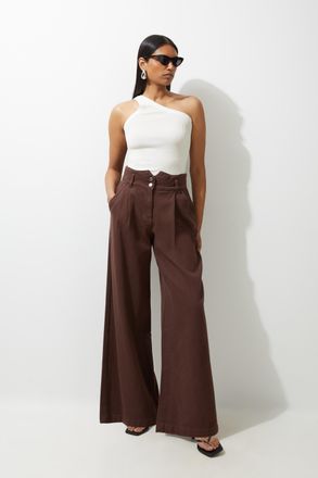 Karen Millen Womens Denim Wide Leg Trousers - Chocolate Cotton - Size 10 UK