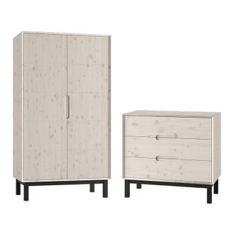 OEM Commode 3 Tiroirs Et Armoire 2 Portes Pinio Country Bois Blanchi